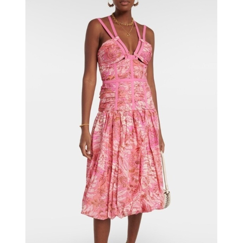 NWT‎ ULLA JOHNSON 100% Cotton Kaia Floral Midi Dress Camellia Pink Women Size 2